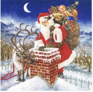 Serwetka decoupage 33x33 cm - mikołaj z reniferem na dachu