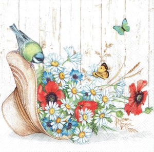 Serwetka decoupage 33x33 cm - kwiaty, kapelusz, ptak