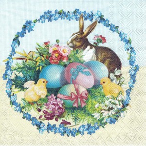 Serwetka decoupage 33x33 cm - zając, jajka, kurczaki, kwiaty