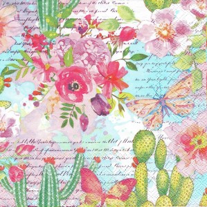 Serwetka decoupage 33x33 cm - kwiaty, napisy, motyle