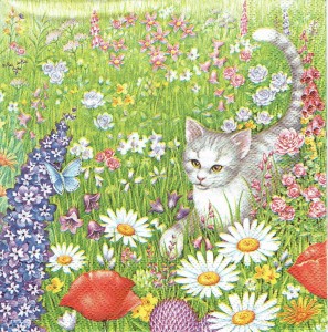 Serwetka decoupage 33x33 cm - kwiaty, kot