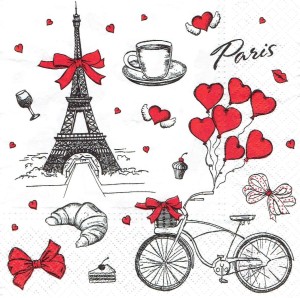 Serwetka decoupage 33x33 cm - wieża, Paris, rower, serca