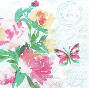 Serwetka decoupage 33x33 cm - kwiaty, napisy, motyl