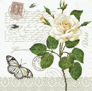 Serwetka decoupage 33x33 cm - róża, napisy, motyl
