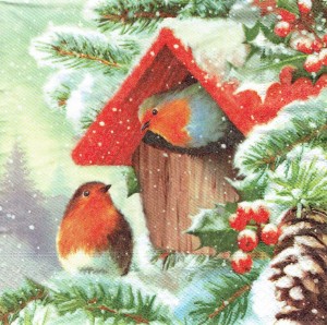 Serwetka decoupage 33x33 cm - ptaszki, budka, zima