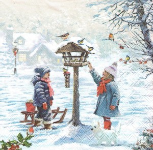 Serwetka decoupage 33x33 cm - dzieci, karmnik, zima