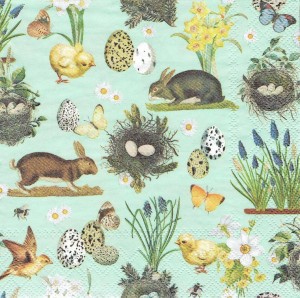 Serwetka decoupage 33x33 cm - zające, kurczaki, kwiaty