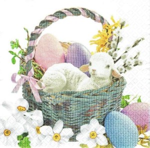 Serwetka decoupage 33x33 cm - koszyk z barankiem i pisankami