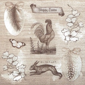 Serwetka decoupage 33x33 cm - kogut, zając, jajka, kwiaty