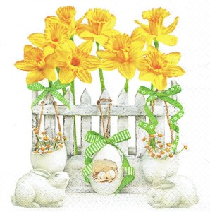 Serwetka decoupage 33x33 cm - Wielkanoc, zające, jajka, kwiaty, narcyzy