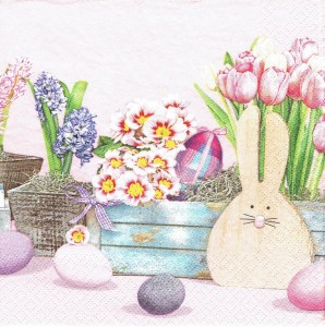 Serwetka decoupage 33x33 cm - zając, pisanki i kwiaty