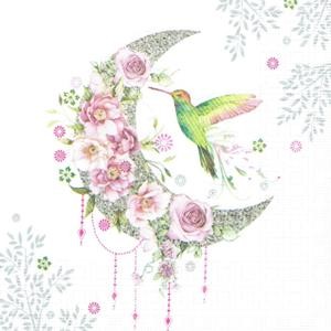 Serwetka decoupage 33x33 cm - kwiaty, księżyc, ptak