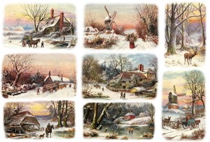 Papier klasyczny A4 do decoupage - widok, pejzaż, zima