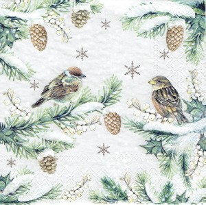 Serwetka decoupage 33x33 cm - ptaszki na gałęziach, zima