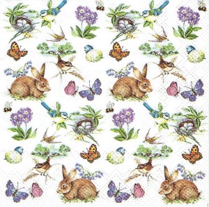 Serwetka mała decoupage 25x25 cm - zające, zajączki, kwiaty, motyle, ptaszki