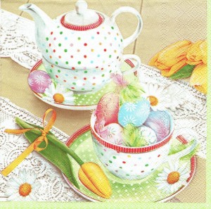 Serwetka decoupage 33x33 cm - Wielkanoc, pisanki, filiżanka, kwiaty