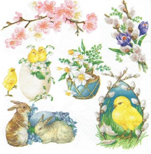 Serwetka decoupage 33x33 cm - Wielkanocne obrazki, baranek, kurczaki, kwiaty, bazie