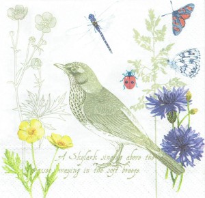Serwetka decoupage 33x33 cm - ptak, kwiaty, owady