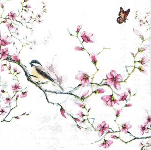 Serwetka decoupage mała 25x25cm - kwiaty, ptak, motyl