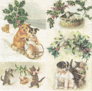 Serwetka decoupage 33x33 cm - koty, psy, ostrokrzew