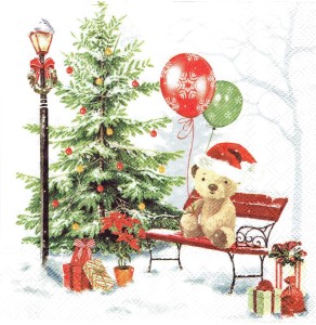 Serwetka decoupage 33x33 cm - miś, ławka, choinka