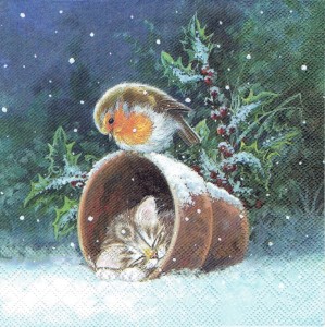 Serwetka decoupage 33x33 cm - kotek, ptak, zima
