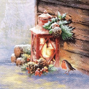 Serwetka decoupage 33x33 cm - lampion, ptak, zima