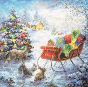 Serwetka decoupage 33x33 cm - sarenka, sanki, choinka, zima