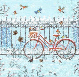 Serwetka decoupage 33x33 cm - rower, ptaki, zima