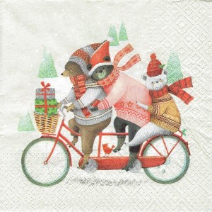 Serwetka decoupage 33x33 cm - niedźwiadki na rowerze, zima
