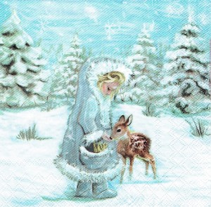 Serwetka decoupage 33x33 cm - dziecko, sarenka, las, zima