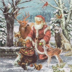 Serwetka decoupage 33x33 cm - Mikołaj, zwierzęta, las, zima