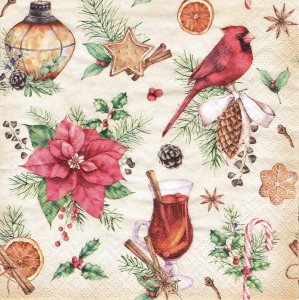 Serwetka decoupage 33x33 cm - kwiat, ptak, stroiki, święta