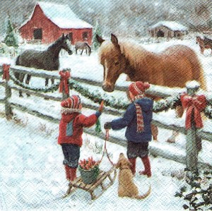 Serwetka decoupage mała 25x25cm - konie, dzieci, zima