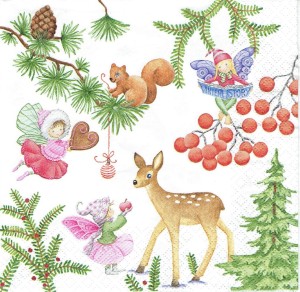 Serwetka decoupage 33x33 cm - wróżki, sarenka, bałwan, zima