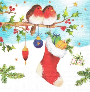 Serwetka decoupage 33x33 cm - ptaszki, skarpeta, święta, zima