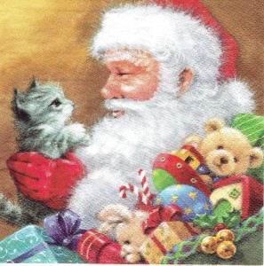 Serwetka decoupage 33x33 cm - Mikołaj i kotek, prezenty