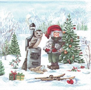 Serwetka decoupage 33x33 cm - krasnal i sowa, zima