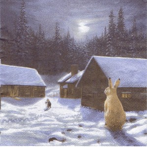 Serwetka decoupage 33x33 cm - widok, pejzaż zimowy, zając