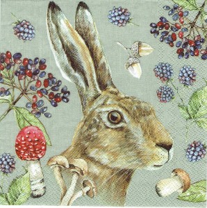 Serwetka decoupage 33x33 cm - zając, grzyby, owoce
