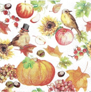 Serwetka decoupage 33x33 cm - ptaki, owoce, liście, jesień