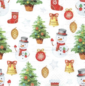 Serwetka decoupage 33x33 cm - bałwanki, choinki, dzwonki