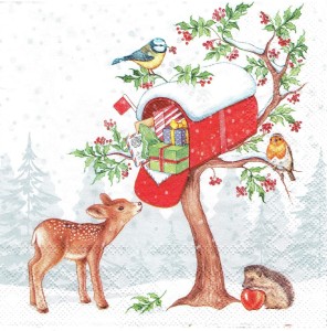 Serwetka decoupage 33x33 cm - sarenka, jeż, ptaszki, prezenty
