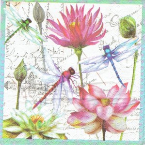 Serwetka decoupage mała 25x25cm - lilie wodne, ważki