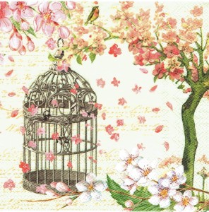 Serwetka decoupage 33x33 cm - klatka, drzewo, kwiaty, ptak