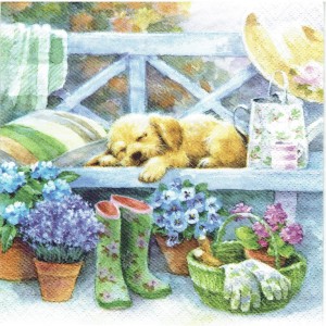 Serwetka decoupage 33x33 cm - piesek, ławka, kwiaty