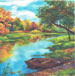 Serwetka decoupage 33x33 cm - widok, pejzaż, jezioro, łódka, jesień