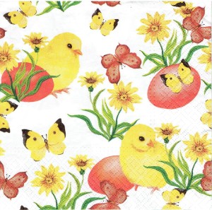 Serwetka decoupage 33x33 cm - kurczaki, motyle, kwiaty