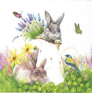 Serwetka decoupage 33x33 cm - zające, dzbanek, ptak, kwiaty