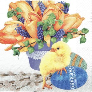 Serwetka decoupage 33x33 cm - kurczak, jajka, tulipany